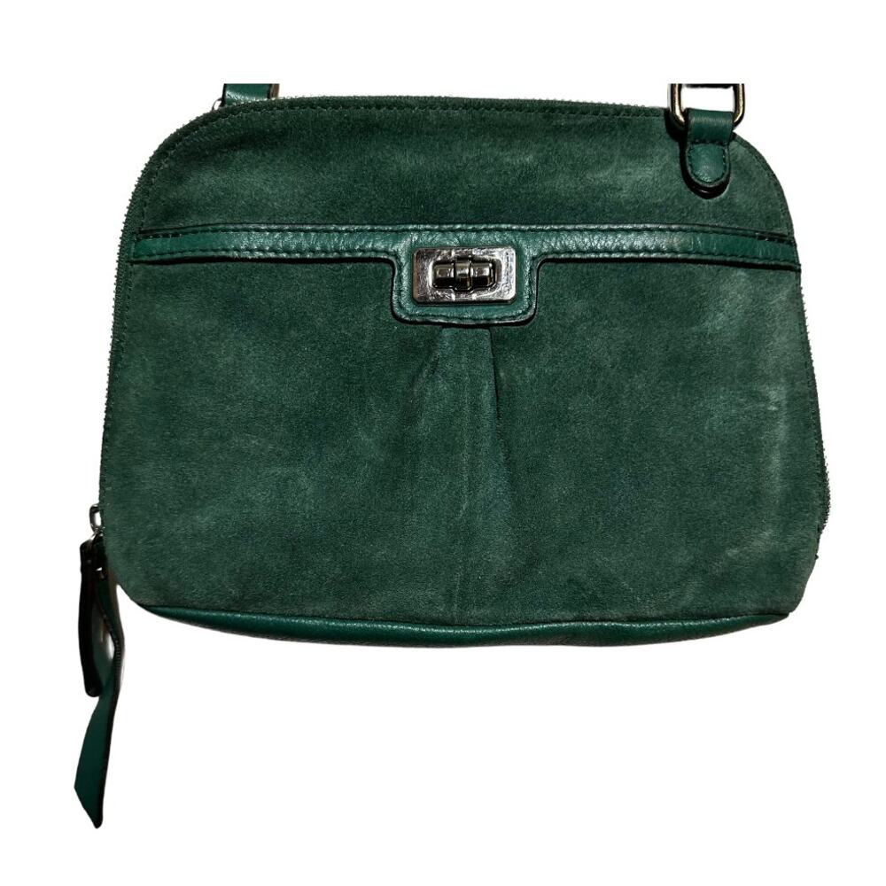 B. Makowsky Crossbody Bag Genuine Suede Leather Turn Lock Leopard Lined Green